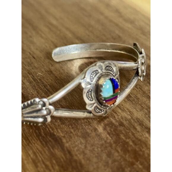 Navajo Sterling Multi Stone Inlay Cuff Bracelet Clarence Thomas C.T. 9.6g - Picture 7 of 11